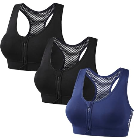 Klijuiaup 3 Pack Zip Front Sports Bras for Women Post-Surgery Compression Bra High Support Padded Running Bra Front Fastening Racerback High Impact Active Yoga Sports Bras Plus Size
