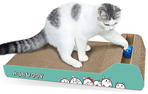 Aibuddy Katzenkratzer, Schräg-Kratzunterlage Wende-Pappe Lounge Bett mit Ball Spielzeug Katzenminze [45x24x8,5cm, Superior Karton & Konstruktion]