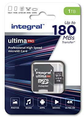 Integral 1 TB mikro SD-kort 4K-video läshastighet 180 MB/s och skrivhastighet 150 MB/s MicroSDXC A2 C10 U3 UHS-I 180-V30 Vårt snabbaste Micro SD-minneskort med hög hastighet