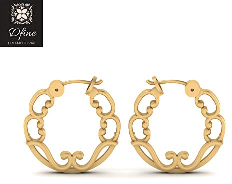 Unique Art Nouveau Filigree Hoop Earrings Yellow Gold Fn 925 Sterling Silver Anniversary Gift