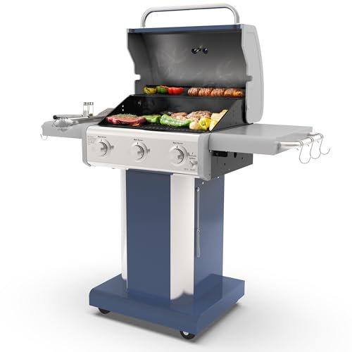 Kenmore Barbecue au propane à 3 brûleurs, grill à gaz de 30 000 BTU avec grilles de cuisson en fonte, tables latérales pliantes et roues, barbecue extérieur avec crochets