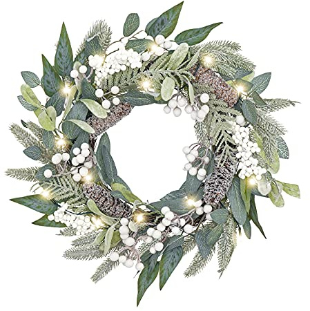 Valery Madelyn 18inch/45cm Light Up Christmas Wreath for Front Door, Pre Lit Christmas Wreath White and Silver, Xmas Reef with 20 LED Lights and Timer Function for Outdoor Christmas Decoration