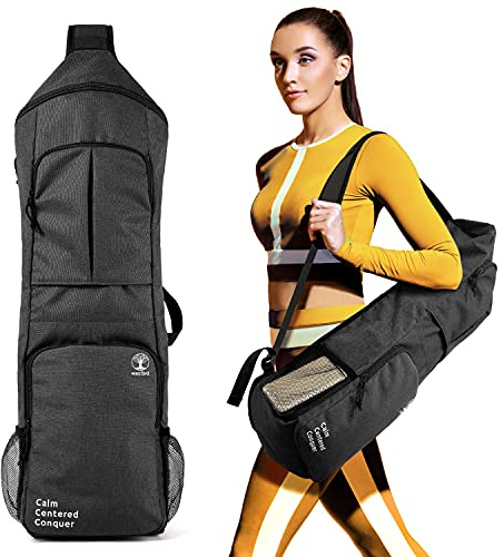 WARRIOR2 Yoga Mat Bag Carrier - Large Pockets & Water Bottle Holders. Yoga Backpack Fits 0.5 Thick x 26 Wide Mats. Hands-Free, Left-Right Switchable, Yoga, Gym, Cycling