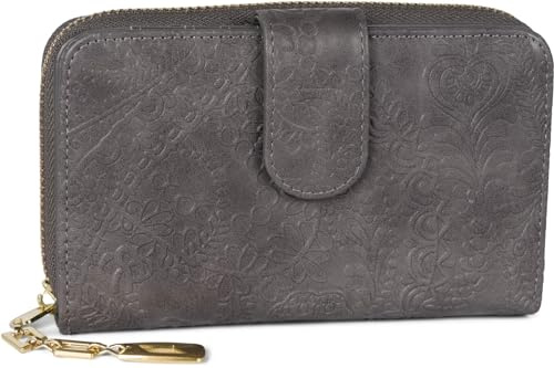 styleBREAKER Geldbörse mit Paisley Blumen Blüten Prägung, umlaufender Reißverschluss und RFID Schutz, Portemonnaie, Damen 02040098, Farbe:Dunkelgrau