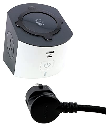 LEGRAND - Multikontakt/laddningsstation - 2 x ytuttag med jord + 1 Qi+ induktionsladdare, 1 USB-C-kontakt + 1 USB-A-kontakt - med 2 m sladd - vit och mörkgrå
