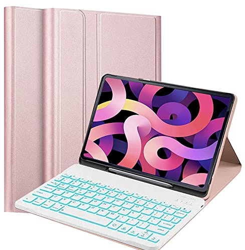QYiiD Funda con Teclado para iPad Air 10,9 (4.ª Generación, 2020), Cubierta Protectora Trasera de TPU Suave con Teclado Bluetooth en Español Ñ inalámbrico para iPad Air de 4ª generación, Oro Rosa