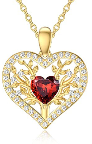 Rikelus Collana con albero della vita in oro 9 carati, per donne e donne, 375/9 carati, con ciondolo a forma di albero della vita, a forma di cuore, per compleanno, Natale, 40 + 5 cm, Oro, Granato