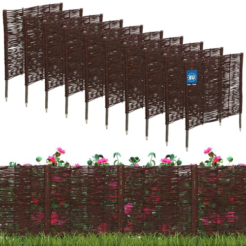 KOTARBAU® Lot de 10 Clôture Bois - Bordure Jardin Extérieur - 60 x 60 cm - Bordure de Jardin en Osier à Planter - Marron - Cloture en Osier - Décoration Extérieure