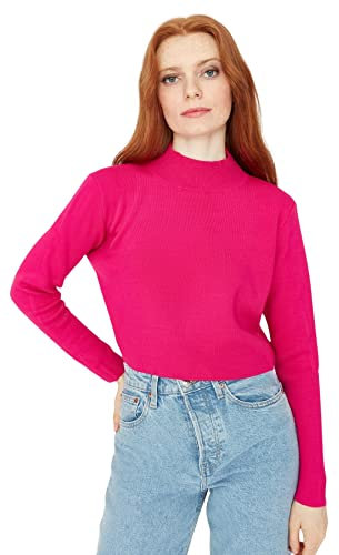 Trendyol Suéter de Punto básico Regular con Cuello Alto para Mujer, Fucsia, L