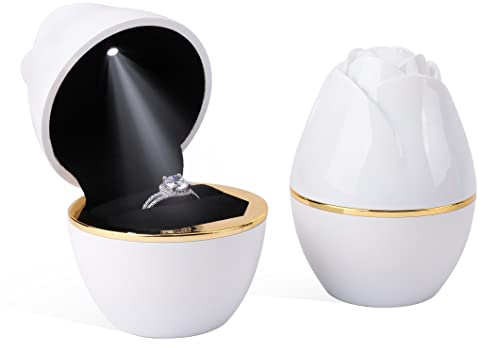 Rolin Roly Ring Box mit LED Licht Rose Weiß Ring Schachtel Jewelry Geschenkbox für Ring Schmuckschatullen Vorschlagen Ringkasten Hochzeit Verlobungsring (White)