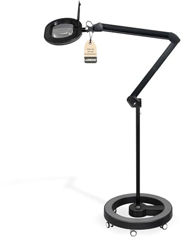 Lumeno 8615SW Lupenleuchte Arbeitsplatzlampe mit großer ovalen Linse 110x150 mm, 60 LEDs in 2 Stufen dimmbar, perfekt als Lesehilfe, für die Kosmetik, zum Löten, 5 Dioptrien schwarz mit Rollstativ