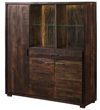 Massivmoebel24.de | Bark Highboard aus Massivholz #215 | aus Akazienholz - Dunkelbraun, lackiert | 140x40x150 cm | 10 Fächer & 1 Schublade | Aufbewahrungsschrank Wandschrank