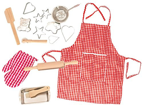 alles-meine.de GmbH 17 TLG. Kochset incl. Namen - Backset aus Metall + Küchenhelfer + Ausstechformen + Nudelholz + Topflappen + Schürze - Geschirr - Spiel Set Kochgeschirr - Küch..