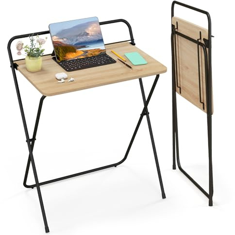 COSTWAY Folding Computer Desk, 64 x 43 x 80 cm No-Assembly Simple PC Laptop Table Writing Workstation, Wooden Metal Frame Space Saving Home Office Work Study Desk（Natural, 1 Tier
