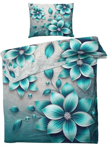 QEODAH Bettwäsche 135x200 Türkis Blumen - Abstrakte Blumenmuster Bettbezug 135 x 200 2er Set - Wendebettwäsche & Kissenbezug - Weiche Mikrofaser Bettwäsche-Sets mit Reißverschluss