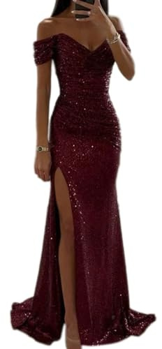 Tomwell Damen Pailletten Abendkleid Sexy Schulterfrei Hohe Taille Seitenschlitz Lang Kleid Maxikleid Elegant V-Ausschnitt Cocktailkleid Ballkleider A Rot XS