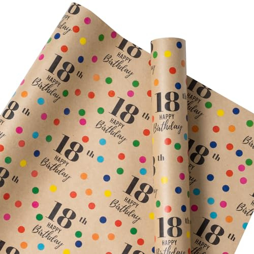 RUSPEPA Kraft omslagspapper rulle med doft – minirulle – färgglad prickdesign perfekt för födelsedag, fest, babyshower – 43,2 cm x 5 m – 18:e födelsedag