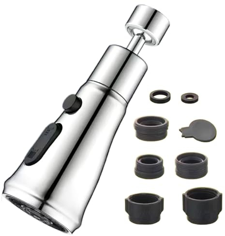 Kitchen Tap Spray Head, 360°Swivel Brushed Nickel Spout, Kitchen Sink Faucet Aerator with 3 Modes Tap Adapter Accessories