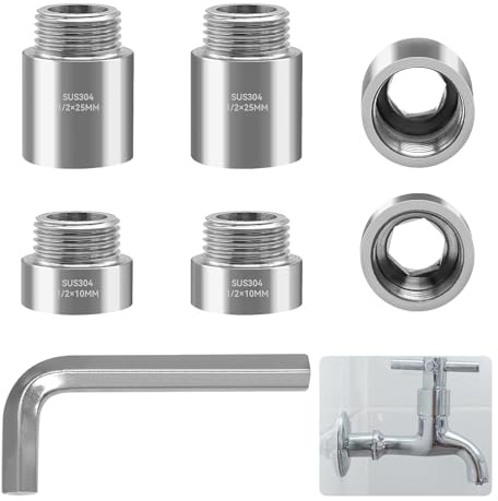 TETEWEVER Hahnverlängerung 1/2 Zoll, Edelstahl Duschkopf Verlängerung Gewindefitting mit Innensechskantschlüssel für Wasserhähne Eckventile Duschköpfe(2 Größen)