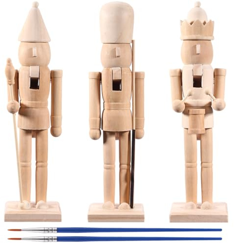Vercraft 3er-Set große unlackierte Nussknacker aus Holz, 30 cm, blanko, unlackiert, Soldatenfiguren, unlackierte Nussknacker-Ornamente mit künstlichen Bärten und Pinsel für Bastelarbeiten,