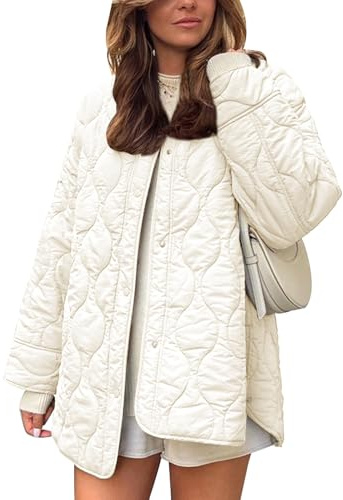 Flygo Women's Oversized Quilted Lightweight Jacket Button Down Puffer Padded Outerwear with Pocket(Beige-L)