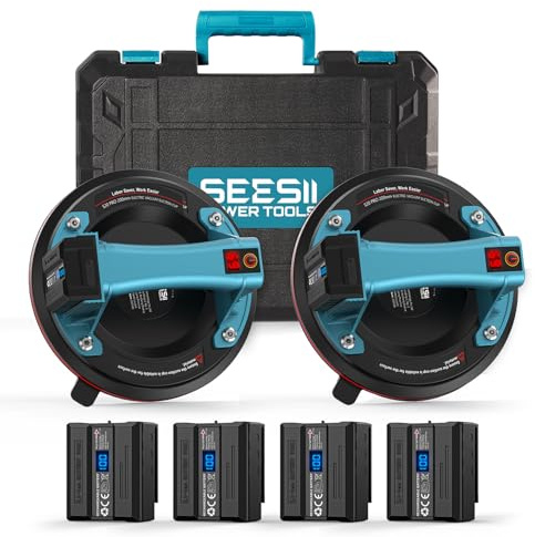 Seesii Akku Saugheber für Fliesen 2er-Set, 200mm Fliesenheber Saugheber Elektrischer mit 4x 2400mAh Akkus, LCD-Anzeige, Tragkraft Max.270KG, Vakuumheber Saugnäpfe für Terrassenplatten, Gas, Marmor