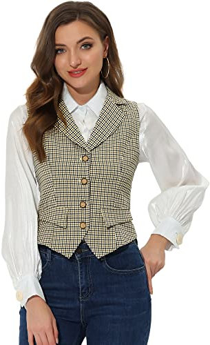 Allegra K Damen Weste Elegant Vintage Karierte Anzugweste Einreihig Reverskragen Ärmellos Westen Braun XXL