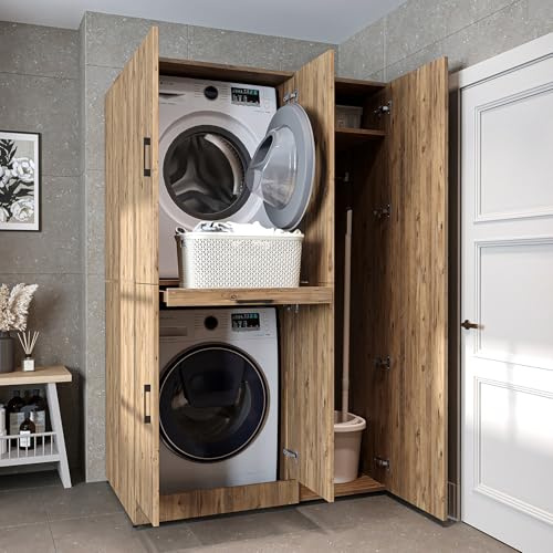 ROOMART Waschmaschinenschrank Dora Set für Trockner & Waschmaschine, in 4 Farben, mit Türen und Ausziehbrett Weiß, Weiß Eiche, Anthrazit Eiche