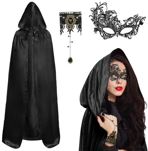 TaleMoon Schwarzer Umhang Damen mit Accessoires Maske & Finger Kette,Schwarz Satin Cape mit Kapuze,Vampir Umhang Schwarzer für Erwachsene Karneval Halloween Fasching Maskerade Party