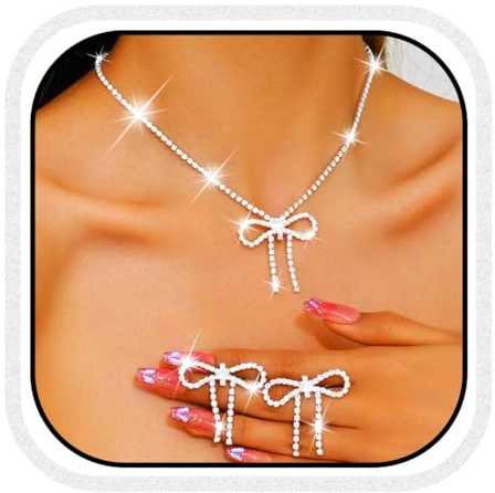 Reaky Bow Necklaces Bridal Jewelry Sets Silver Rhinestone Necklace 2 Pcs Wedding Accessories for Women