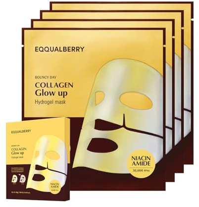 EQQUALBERRY Collagen Shine Mask - Niacinamid och kollagen med låg molekylvikt för en strålande och strålande hy | Koreansk kollagenmask för glashud, 4 ark, 30 g.