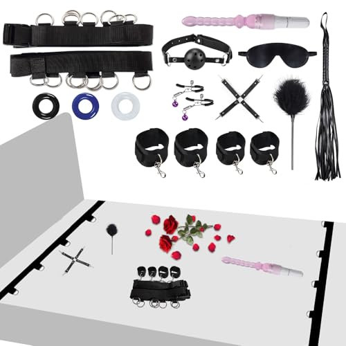 14 Piezas SM Bondage Kit, SM Bondage Cama Esclavitud de Sujeción Kit con Plug Anal Butt Plug Máscara y Sexual Esposas, Erótico BDSM Restraints Kits Set Juguetes Sexuales para Principiantes y Expertos