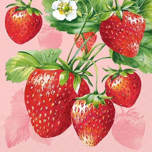 20 Servietten Essen Große Erdbeeren auf rosa als Tischdeko. Papierservietten mit Motiv. Auch für Decoupage und Serviettentechnik 33x33cm