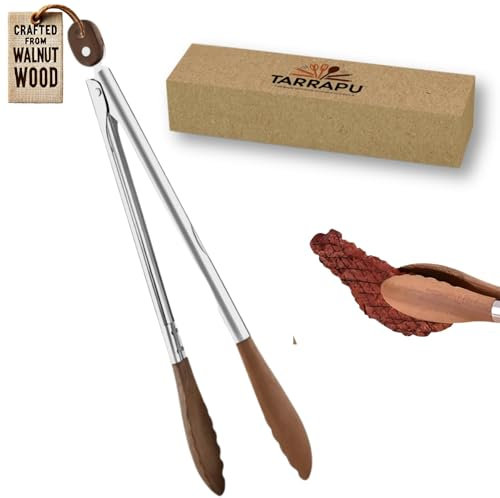 Tarrapu Kitchen Tongs for Cooking with Wooden Tips - 12 Inch Walnut Wooden Tongs Ideal for BBQ, Salad, Toaster, Bread & Pickles - Essential Tongs Kitchen Wooden Kitchen Utensils