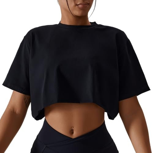 YGSGJSP Yoga Shirt Casual T-Shirt Baumwolle Frauen Kurzarm Dance Sport Lauf Kleidung Yoga Fitness Crop Top Lose Gym Workout Shirts(Advanced Black,L)