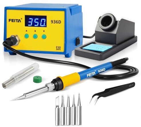 FEITA 936D Digital Soldering Station, 60 Watt Equivalent with Auto Sleep, Calibration Support, Solder Tips, Lead-Free Solder & ESD Tweezer. ESD Safe for Electronics