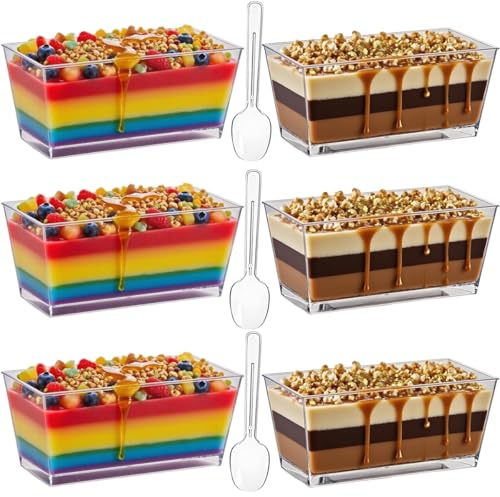 LJYING 50Pcs 140ml/4.9oz Dessert Cups & Bowls with Spoons - Reusable Hard Plastic Rectangle Cheesecake Pots - Clear Serving Bowls for Pudding, Mousse, Trifles, Appetizers, Parties (140ml/4.9oz)