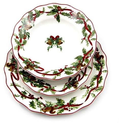 Royal Family Servizio Piatti di Natale Decoro Campanelle natalizie con Fiocco rosso, Campanelle e Scoiattoli 6 posti tavola (18 pezzi) in Porcellana Lucente e Resistente Christmas Carol