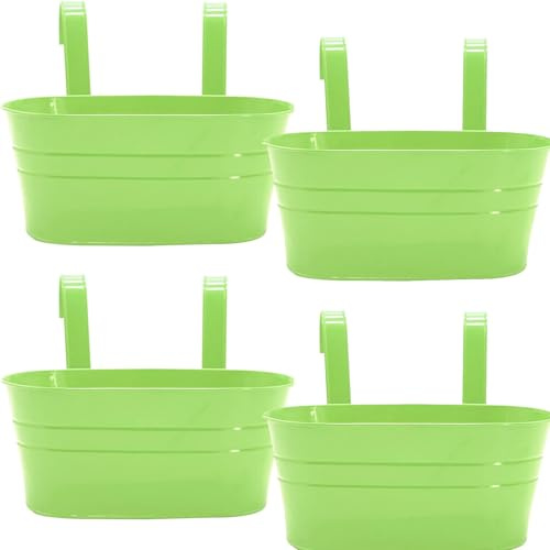 BLIFUGE Hanging Plant Pots 4PCS, Metal Hanging Flower Pot for Balcony Fence Garden Home Decor, 27cm Over Fence Planters with Detachable Hook - Green
