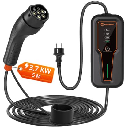 Ampere Point Mobile Wallbox 3,7 kW 16A Typ 2 Ladestation mit Einstellbarer Ladeleistung 8-16A, Ladekabel mit Länge 5 m mit Netzanschluss 230 V, Tragbares EV-Ladegerät für Elektroautos mit Tragetasche