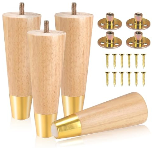 COEWUR 4 Pcs Wooden Furniture Legs 6inch/15cm Sofa Leg Solid Wood Legs for Furniture Feet Wooden Table Leg Replacement for Dresser Bed Stool Couch Cabinet Chair with Gold Caps,Pad,Screws,Plates