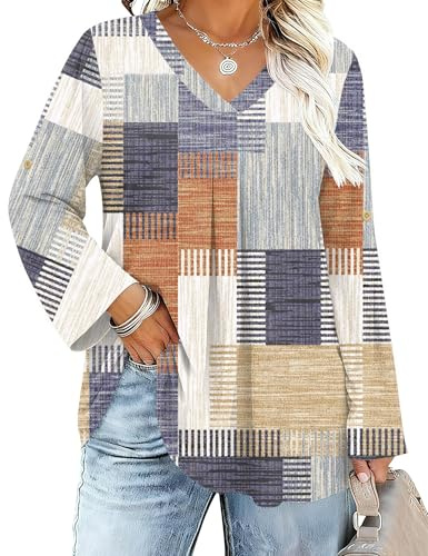 IECCP Blusas de manga 3/4 enrollada con cuello en V para mujer, talla grande, casual, a la moda, camisa de manga larga, túnica suelta (1X-5X)