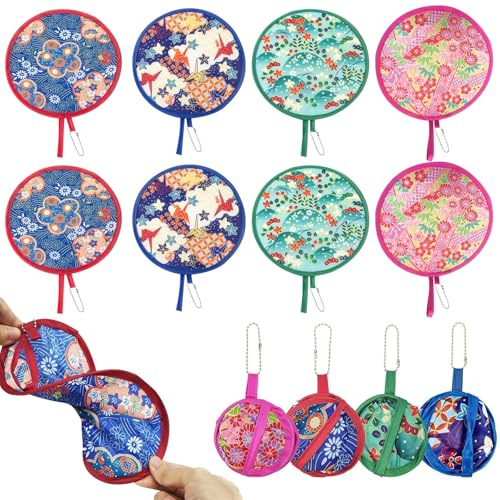 MLPKOI 8 Pezzi Ventaglio Pieghevole in Stile Giapponese Ventaglio a Mano Tondo Portatile Ventaglio Rotondo Pieghevole con Bellissimi Modelli per Feste di Matrimoni Estate Ufficio Casa