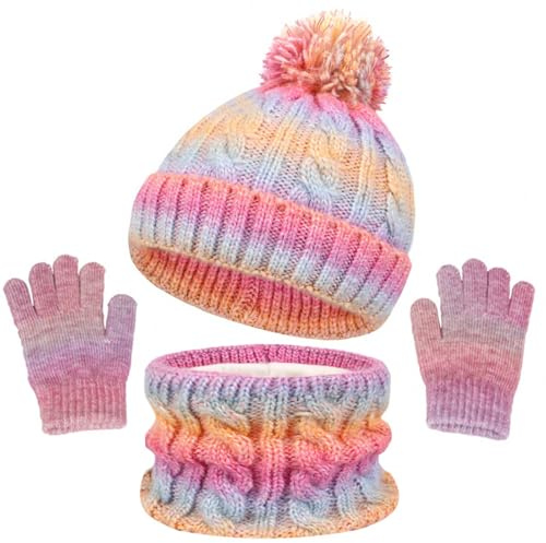 Set di cappello, sciarpa e guanti per bambini Mayoii - Set 3-in-1 invernale di cappello, sciarpa e guanti lavorati a maglia per bambini con pom pom, scaldacollo e guanti per ragazzi e ragazze dai 3 ai