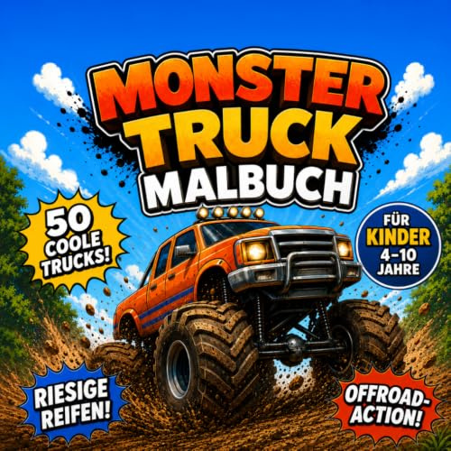 Monster Truck Malbuch für Kinder: 50 Ausmalbilder mit riesigen Reifen, coolen Stunts und starken Monstertrucks – Für Kinder ab 4 Jahren – Einseitiger Druck – Geschenkidee für Jungen und Mädchen
