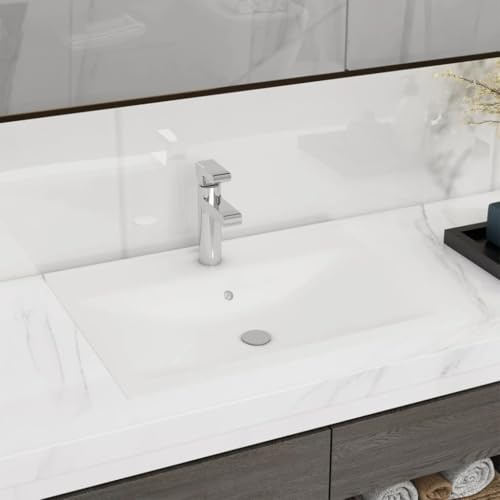 Rechteckig Luxus-Waschbecken mit Überlauf und Wasserhahnloch, Einbauwaschbecken für Garderobe, Toilette, Badezimmer, 60 x 46 x 16 cm Matt-Weiß Keramik