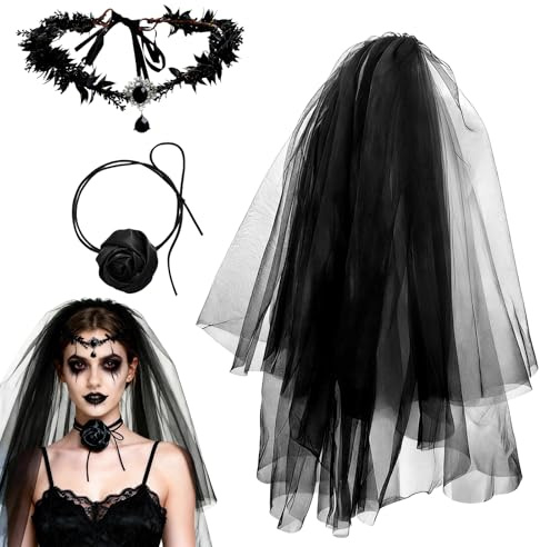 Nlqhyrexion Gothic Schleier Set für Karneval Halloween, Dia de Los Muertos Accessoires Damen - Schleier mit Haarreif und Schwarzer Rosen Halskette als Kostüm Zubehör, Braut Set (75cm Halblang)