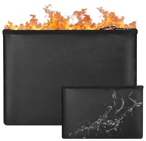 JOOHAUS Feuerfeste Dokumententasche, 2 Stück Feuerfeste Geldtasche, Feuerfeste Wasserdicht Tasche (25x34 cm und 14x20 cm) für A4 Akten, Pässe, Bankkarten und Wertgegenstände