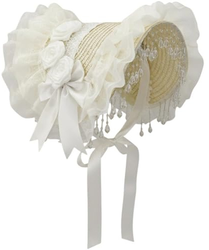 HiyyFloy Sombrero De Paja con Encaje, Estilo Victoriano Vintage para Mujer, Ideal para Fiestas De Té. Gorro con Flores para Niñas Estilo Lolita.
