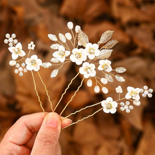 IYOU Horquillas para novias con flores, adornos para el cabello con diamantes de imitación en oro rosa, accesorios para el cabello para novias y damas de honor (paquete de 3)